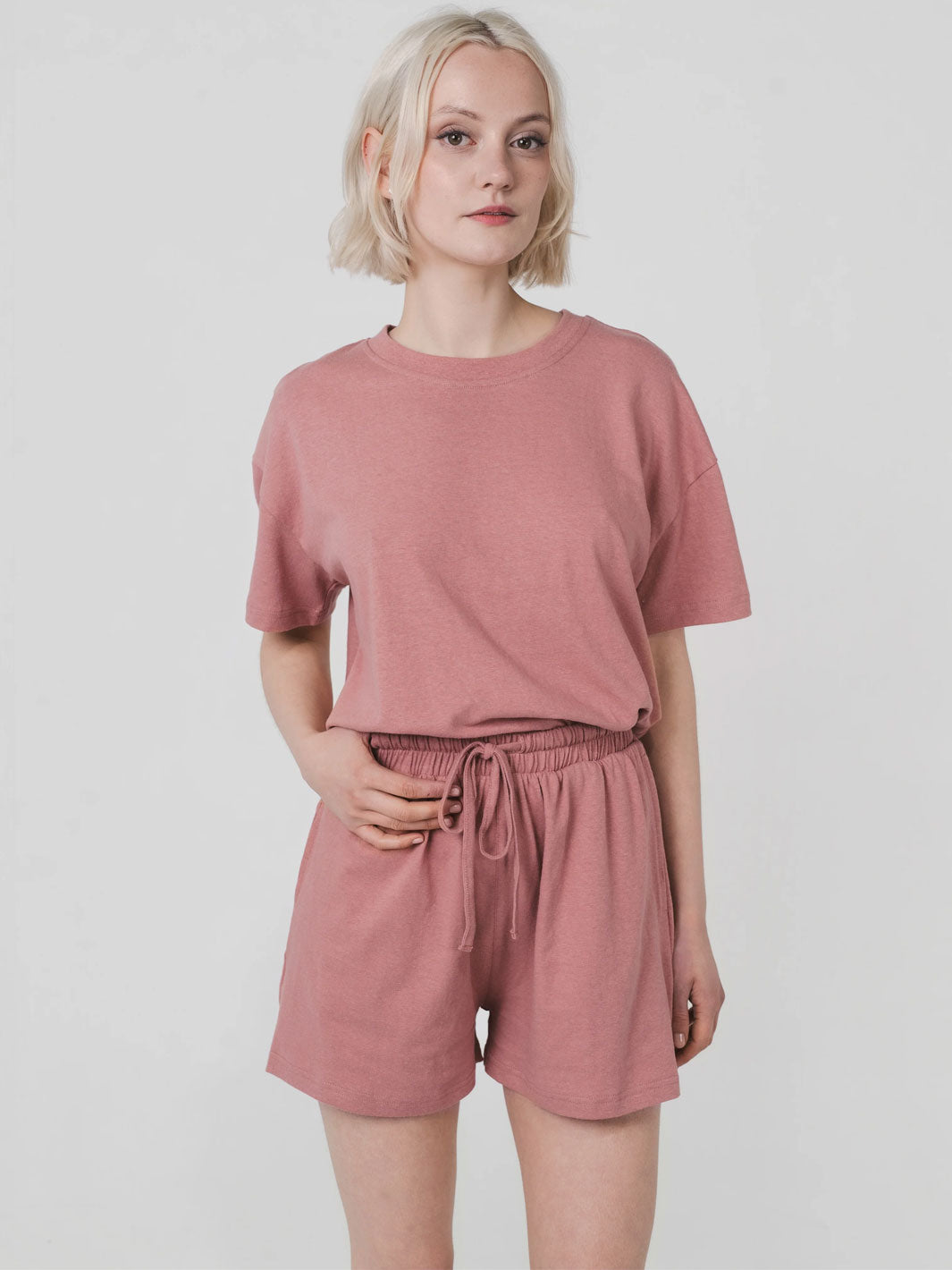 Hemp Clothing Australia Jersey Shorts Peach Beige Pink Elasticated Waist Stretchy Pockets Meadow Store