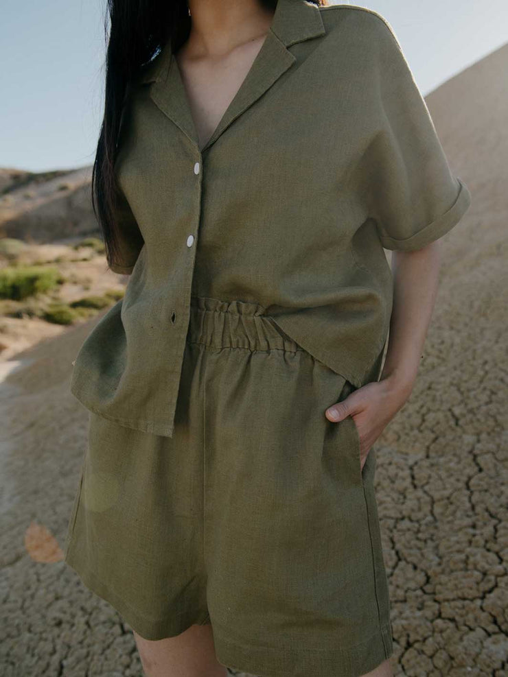 Hemp Clothing Australia Hemp Short Sleeve Button Up Resort Shirt Olive Green Front Meadow Store
