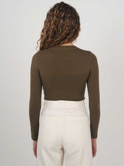 Hemp Clothing Australia Fitted Stretchy Olive Green Top Long Sleeve Round High Neck Meadow Store