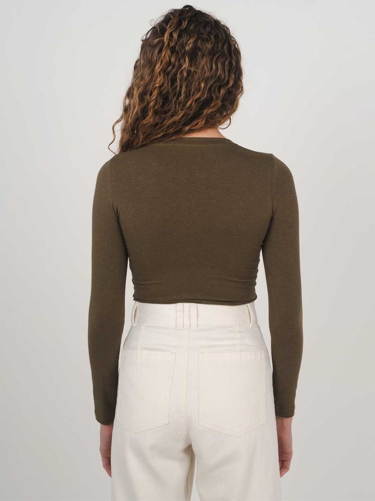 Hemp Clothing Australia Fitted Stretchy Olive Green Top Long Sleeve Round High Neck Meadow Store