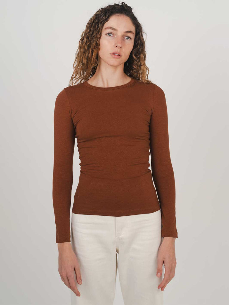 Hemp Clothing Australia Fitted Stretchy Long Sleeve Round Neck Top Rust Cinnamon Meadow Store 