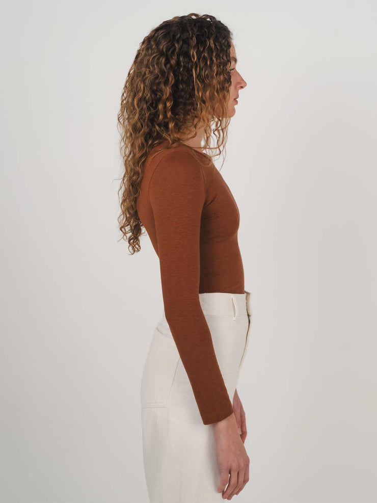 Hemp Clothing Australia Fitted Stretchy Long Sleeve Round Neck Top Rust Cinnamon Meadow Store 