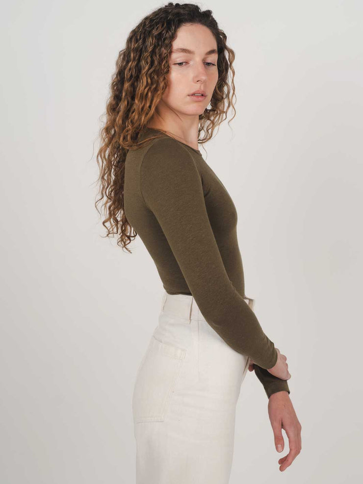 Hemp Clothing Australia Fitted Stretchy Olive Green Top Long Sleeve Round High Neck Meadow Store