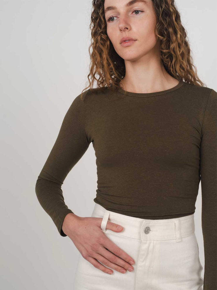 Hemp Clothing Australia Fitted Stretchy Olive Green Top Long Sleeve Round High Neck Meadow Store
