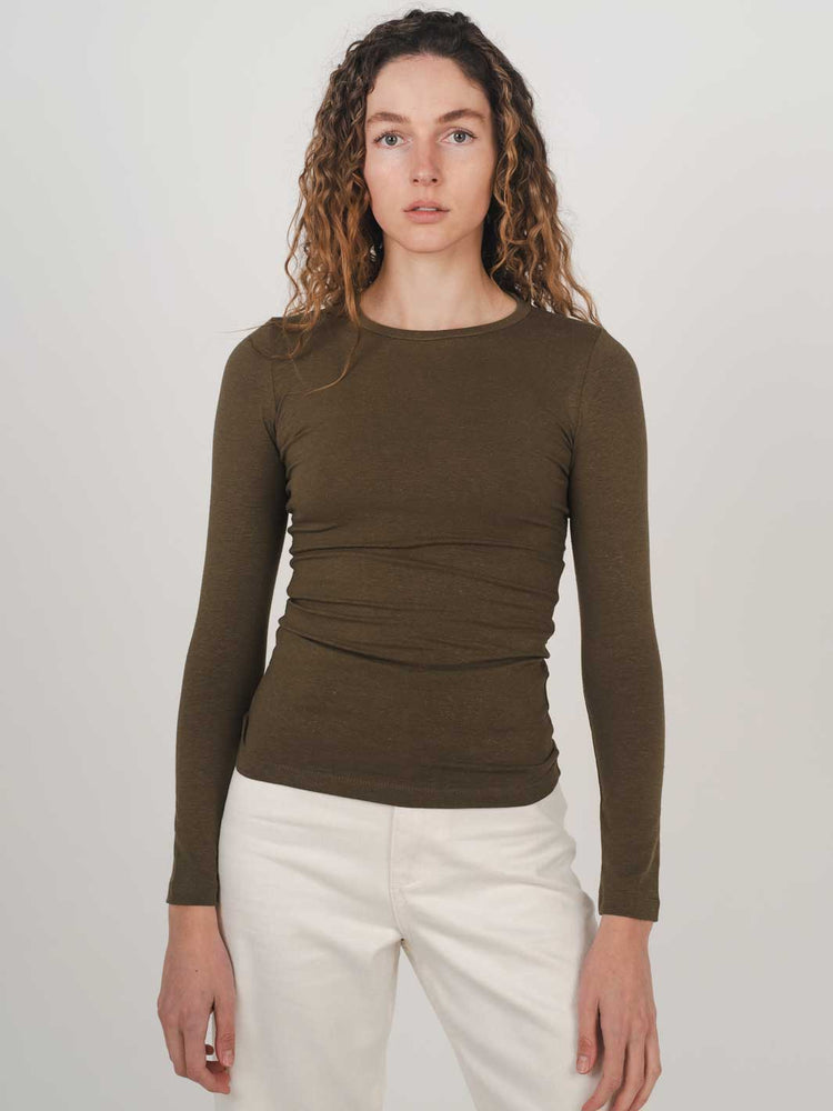Hemp Clothing Australia Fitted Stretchy Olive Green Top Long Sleeve Round High Neck Meadow Store