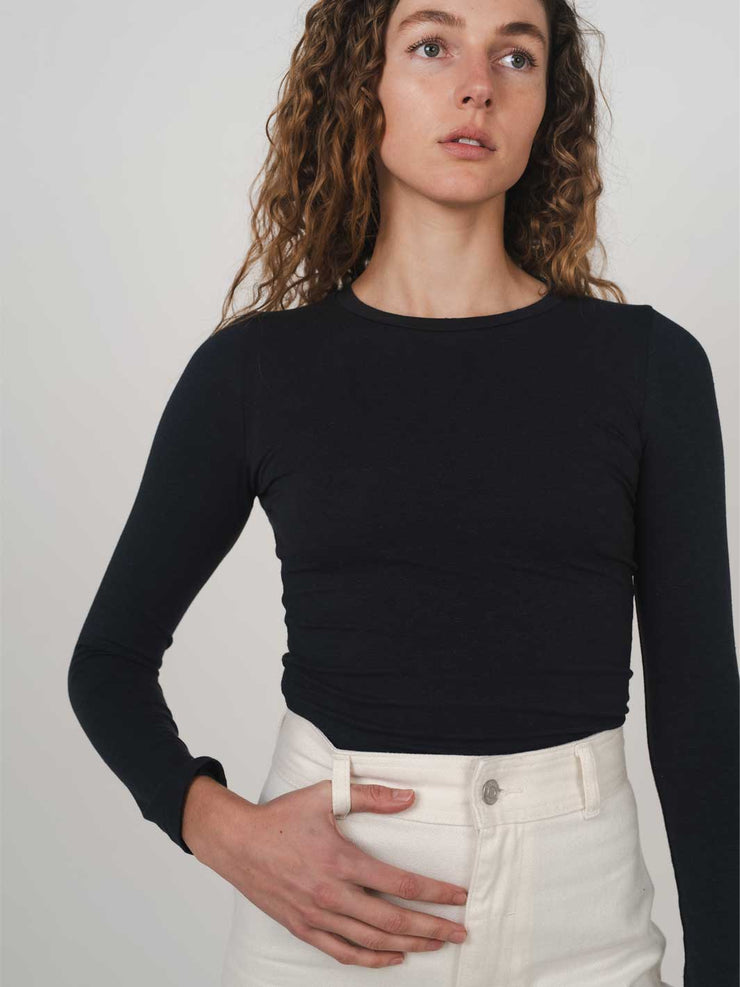 Hemp Clothing Australia Fitted Stretch Long Sleeve Round High Neck Top Midnight Navy Blue