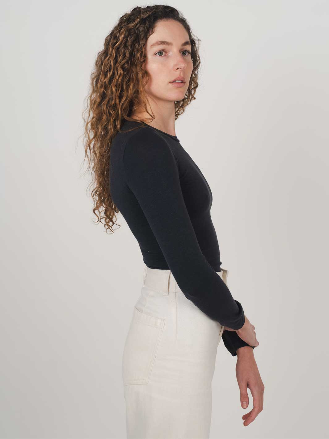 Hemp Clothing Australia Fitted Stretch Long Sleeve Round High Neck Top Midnight Navy Blue