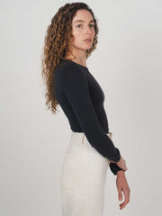 Hemp Clothing Australia Fitted Stretch Long Sleeve Round High Neck Top Midnight Navy Blue