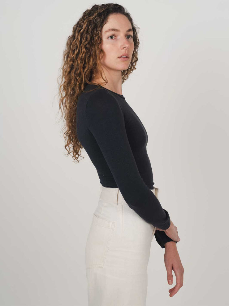 Hemp Clothing Australia Fitted Stretch Long Sleeve Round High Neck Top Midnight Navy Blue
