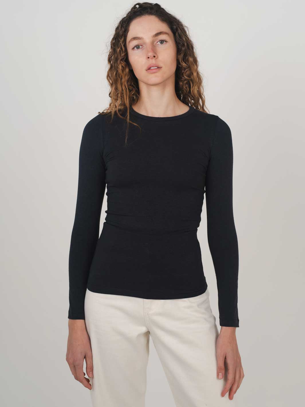 Hemp Clothing Australia Fitted Stretch Long Sleeve Round High Neck Top Midnight Navy Blue