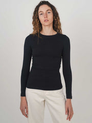 Hemp Clothing Australia Fitted Stretch Long Sleeve Round High Neck Top Midnight Navy Blue