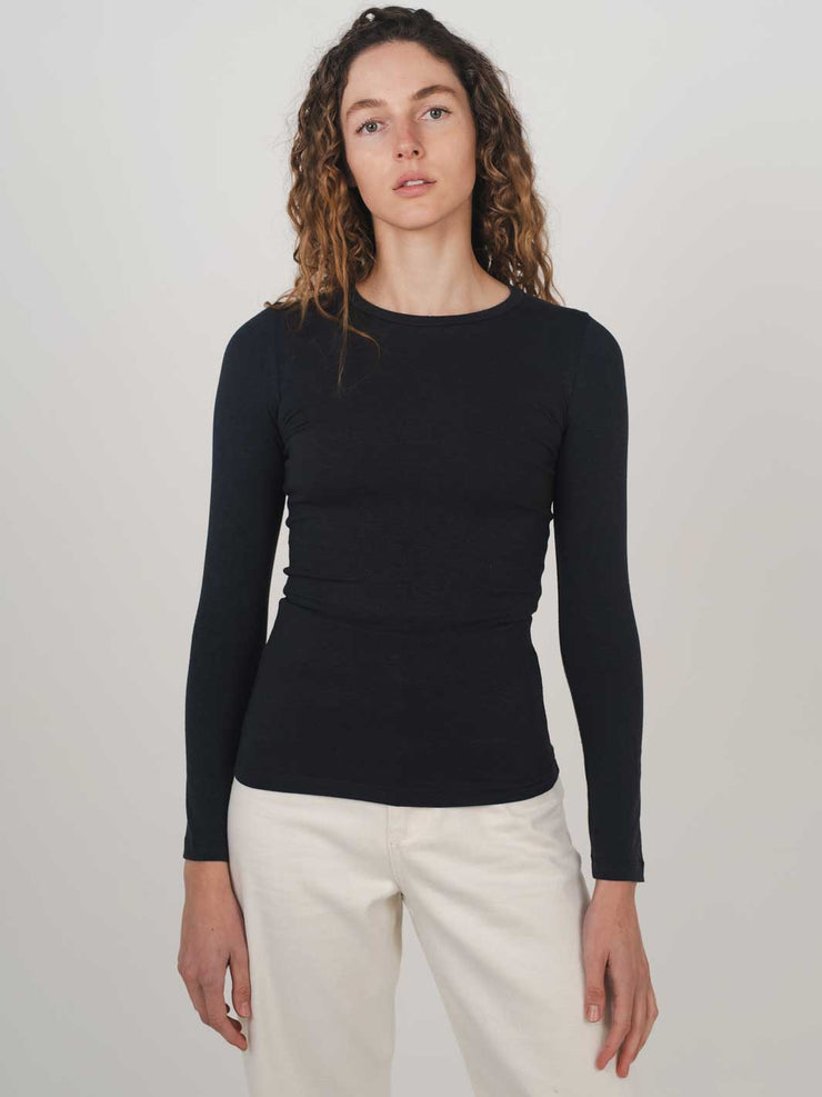Hemp Clothing Australia Fitted Stretch Long Sleeve Round High Neck Top Midnight Navy Blue