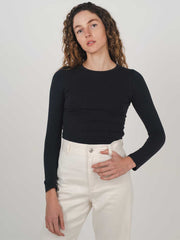 Hemp Clothing Australia Fitted Stretch Long Sleeve Round High Neck Top Midnight Navy Blue