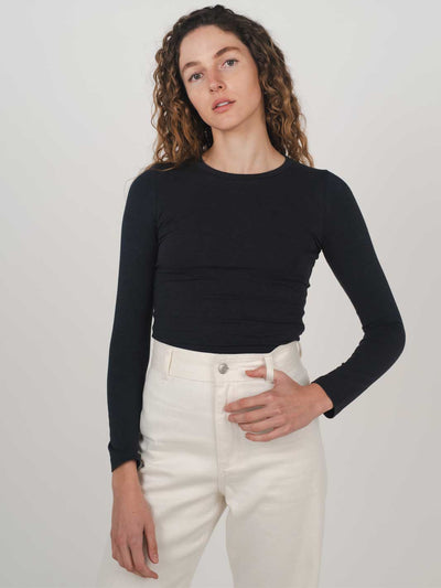 Hemp Clothing Australia Fitted Stretch Long Sleeve Round High Neck Top Midnight Navy Blue