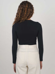 Hemp Clothing Australia Fitted Stretch Long Sleeve Round High Neck Top Midnight Navy Blue