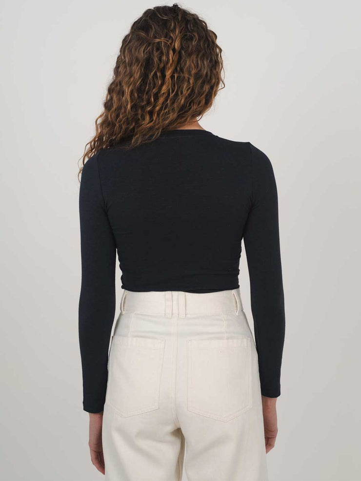 Hemp Clothing Australia Fitted Stretch Long Sleeve Round High Neck Top Midnight Navy Blue