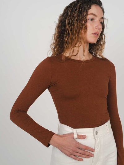 Hemp Clothing Australia Fitted Stretchy Long Sleeve Round Neck Top Rust Cinnamon Meadow Store 