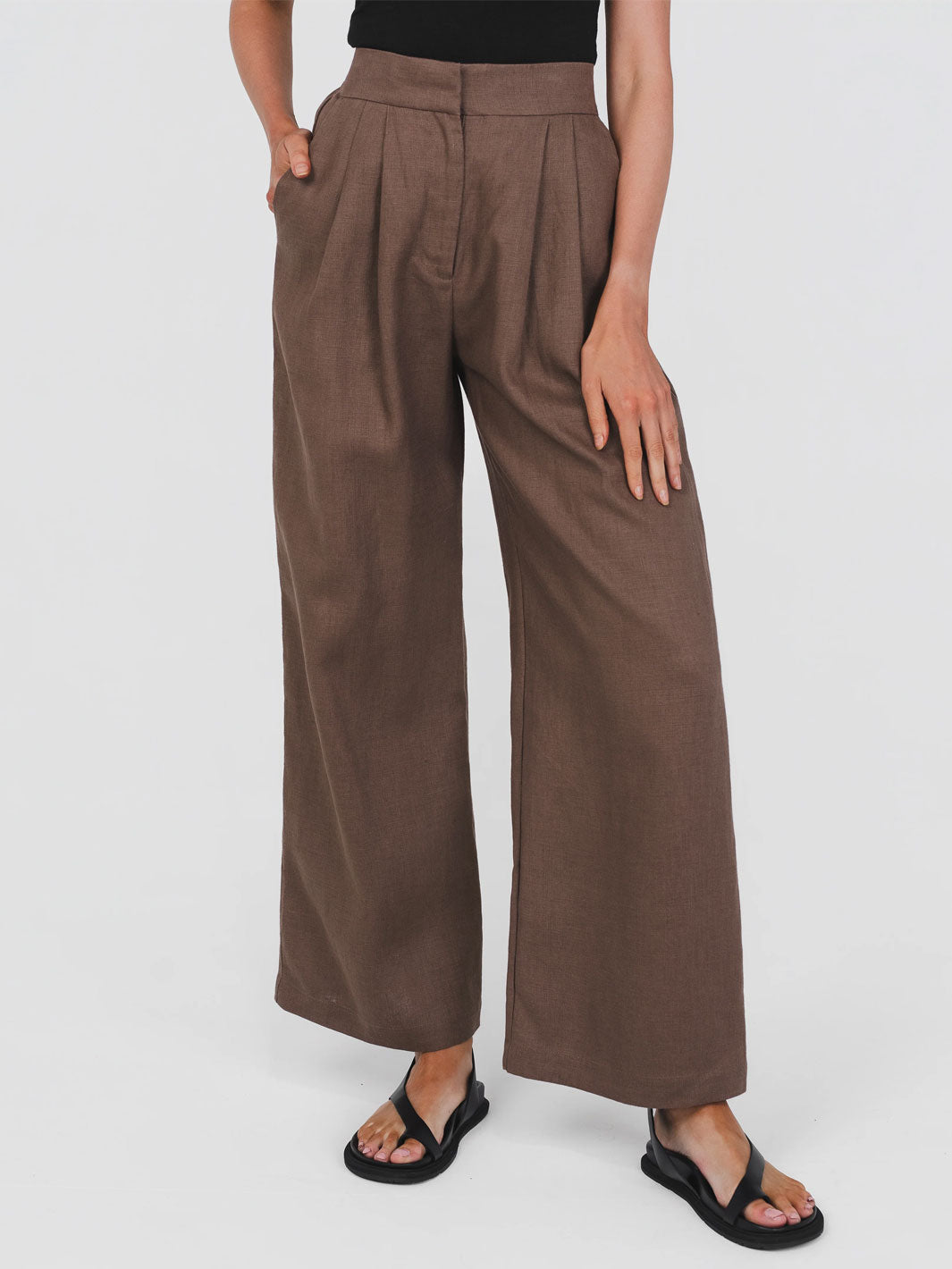 Brown hemp wide-leg pleat front pants worn by a person on a white background