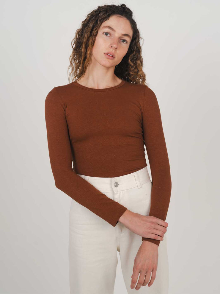 Hemp Clothing Australia Fitted Stretchy Long Sleeve Round Neck Top Rust Cinnamon Meadow Store 