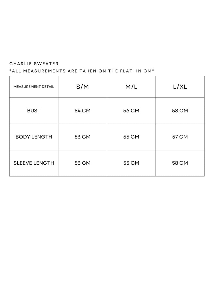Charlie Sweater Flat measurements in cm