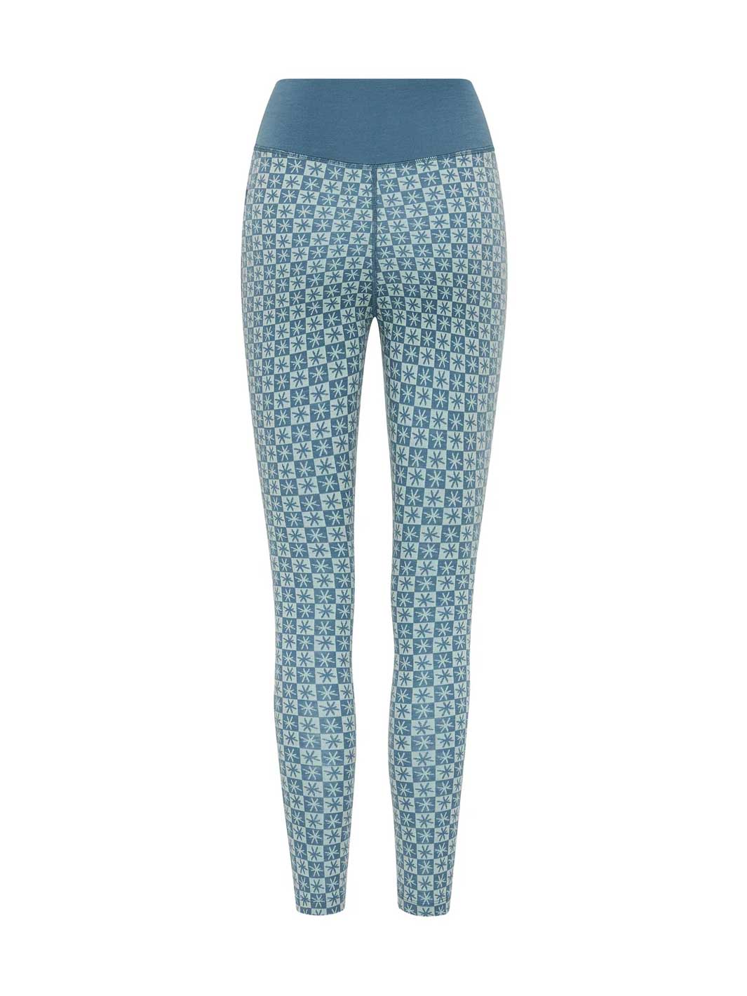 Blue patterned thermal leggings with a solid blue waistband, shown from the back on a white background.