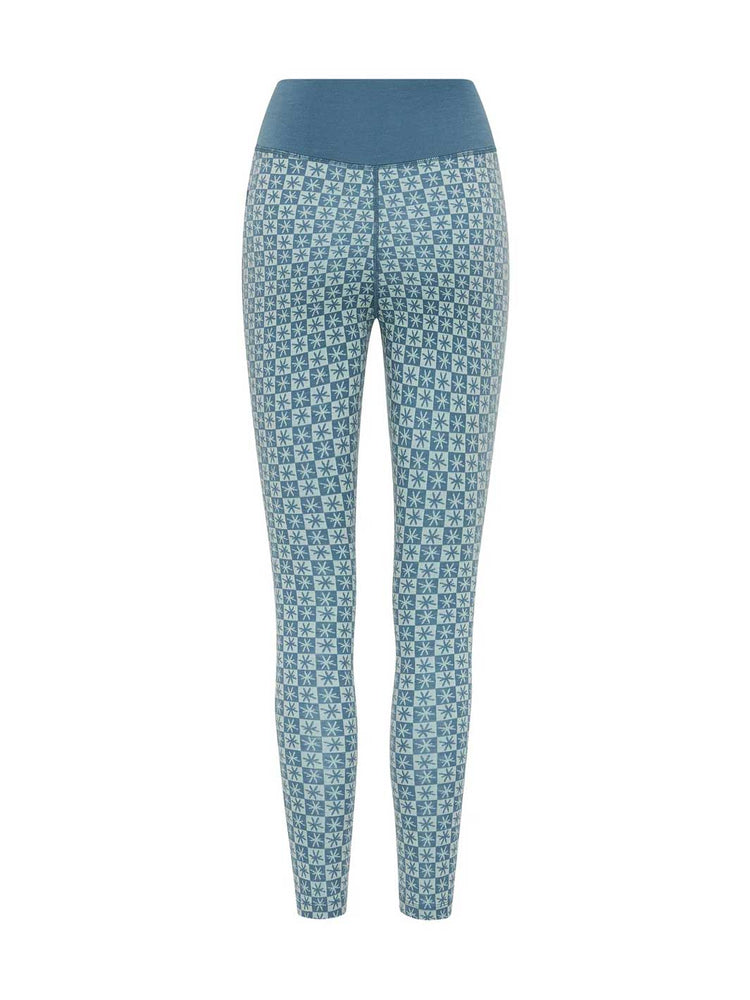 Blue patterned thermal leggings with a solid blue waistband, shown from the back on a white background.