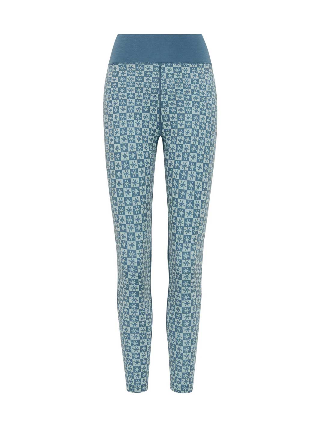 Blue and white patterned thermal leggings with a solid blue waistband, shown on a plain white background.