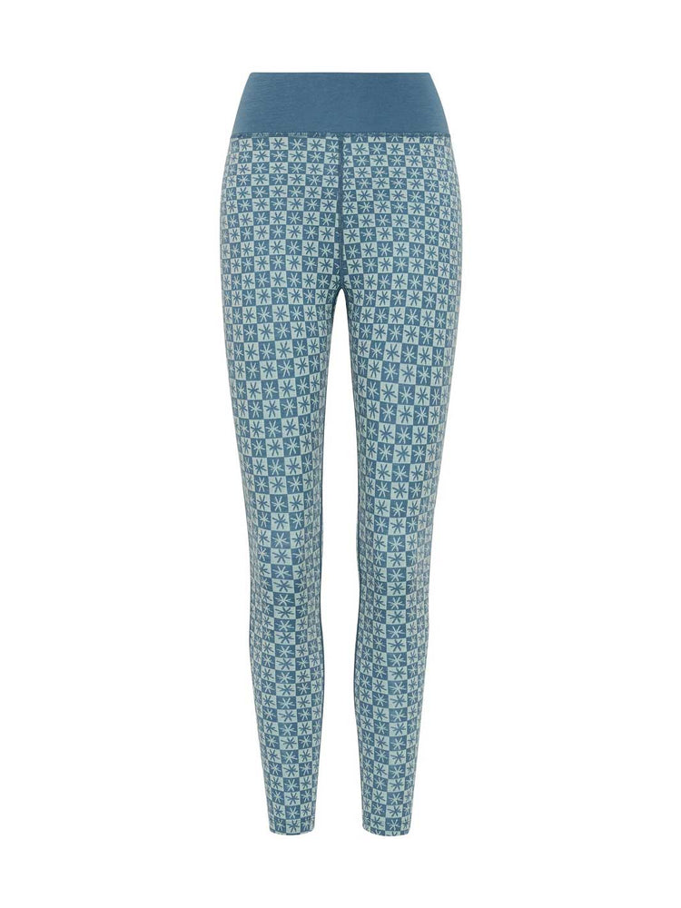 Blue and white patterned thermal leggings with a solid blue waistband, shown on a plain white background.