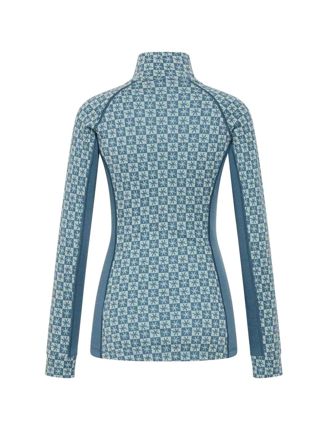 A long-sleeve athletic top with a high mock neck, featuring a blue and white geometric patterned body with solid blue side panels, shown against a plain white background.