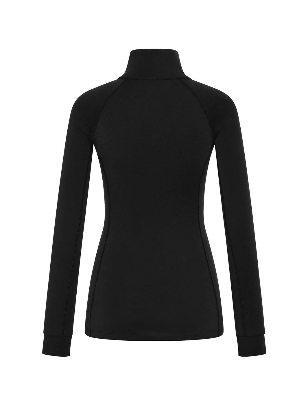 A black long-sleeve mock neck top shown from the back, displayed on a clean white background.