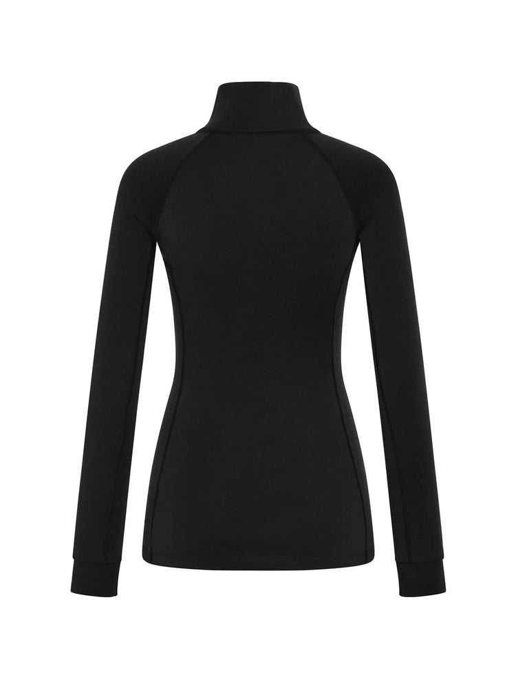 A black long-sleeve mock neck top shown from the back, displayed on a clean white background.