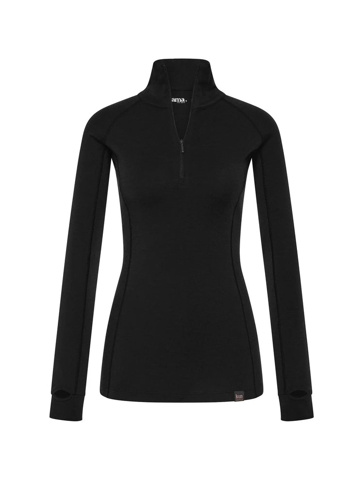 A black long-sleeve quarter-zip athletic top with a mock neck collar, displayed on a ghost mannequin against a plain white background.