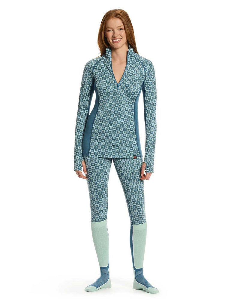 A woman modeling a matching long-sleeve zip-front top and leggings set in a blue and white geometric pattern, with solid blue and mint green leg warmers and socks, against a plain white background.