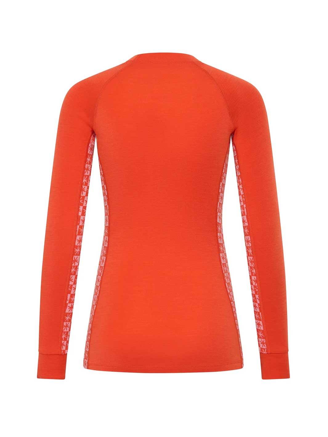 A bright orange long-sleeve athletic top shown from the back, featuring white patterned side panels running down the sleeves, set against a plain white background.