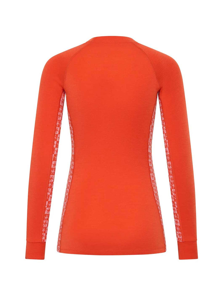 A bright orange long-sleeve athletic top shown from the back, featuring white patterned side panels running down the sleeves, set against a plain white background.