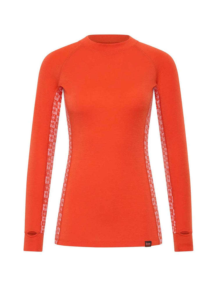 A bright orange long-sleeve athletic top with white patterned side panels and small sleeve cutouts, shown on a plain white background.