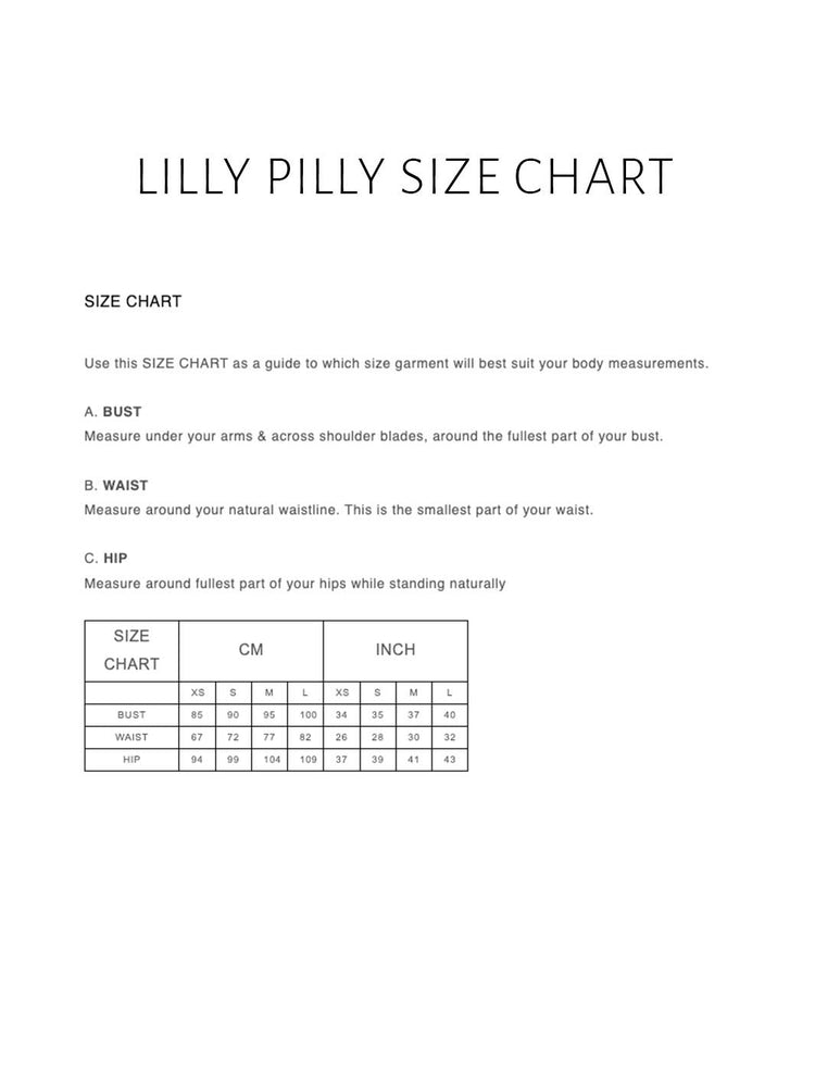 A size chart titled 'LILLY PILLY SIZE CHART' with instructions for measuring bust, waist, and hip, plus a small size table in centimeters and inches.