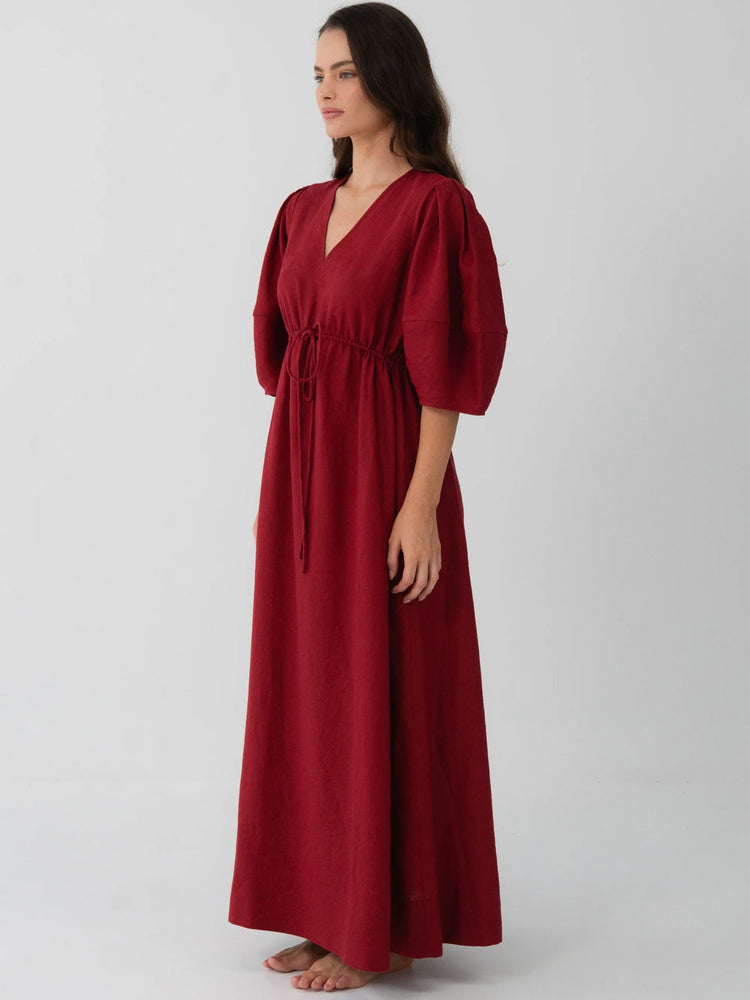V Neck Half Sleeve Maxi Dress in Cherry Red Linen