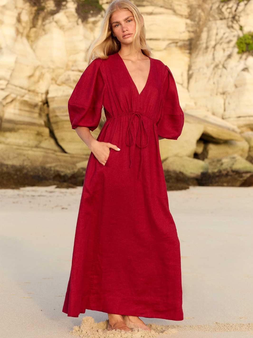 Lilly Pilly Cherry Red Linen Maxi Dress V Neck