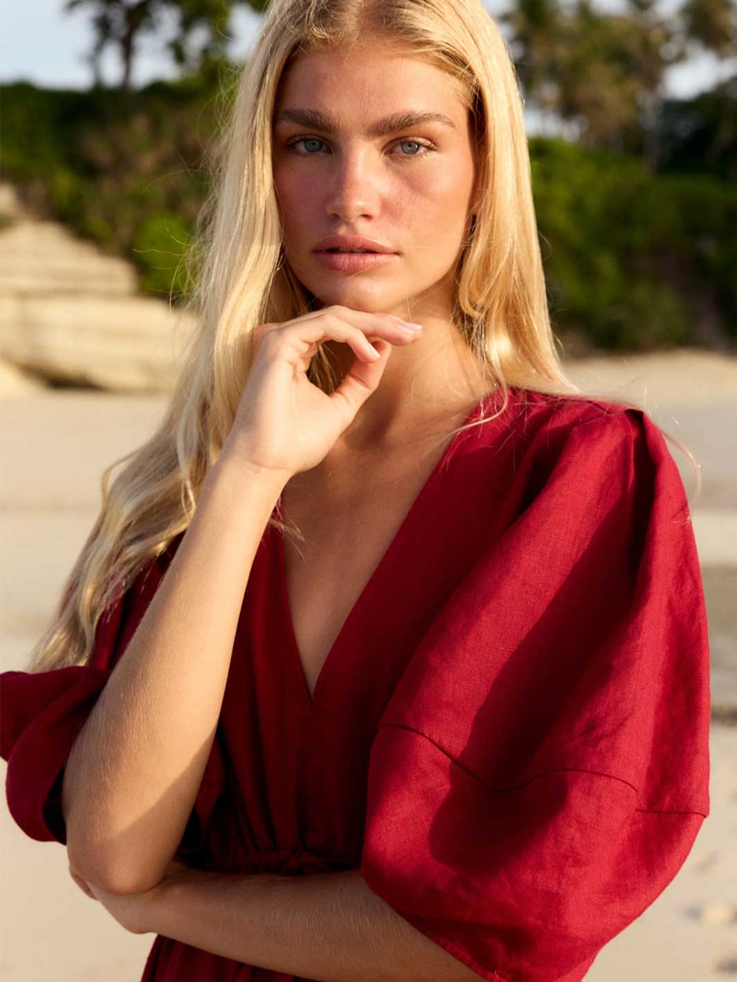Cherry red Maxi Dress Close Up V Neck