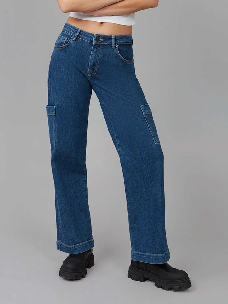 Lola Jeans Pheonix Mid Rise Cargo Jean Eco Washed Sapphire Blue Meadow Store