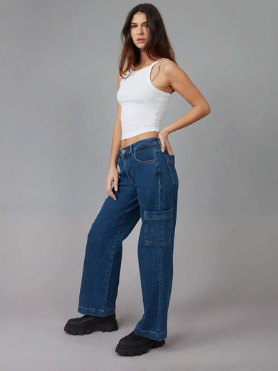 Lola Jeans Pheonix Mid Rise Cargo Jean Eco Washed Sapphire Blue Meadow Store
