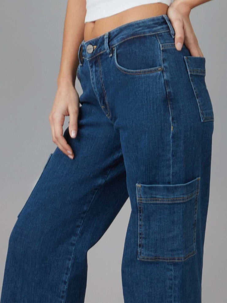 Lola Jeans Pheonix Mid Rise Cargo Jean Eco Washed Sapphire Blue Meadow Store