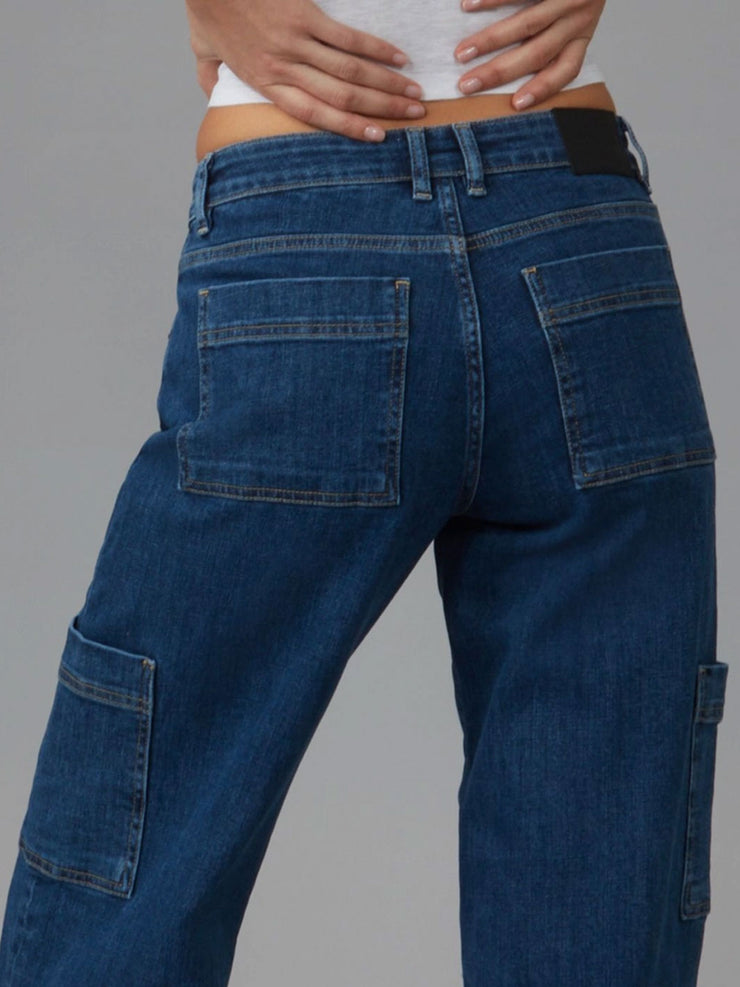 Lola Jeans Pheonix Mid Rise Cargo Jean Eco Washed Sapphire Blue Meadow Store