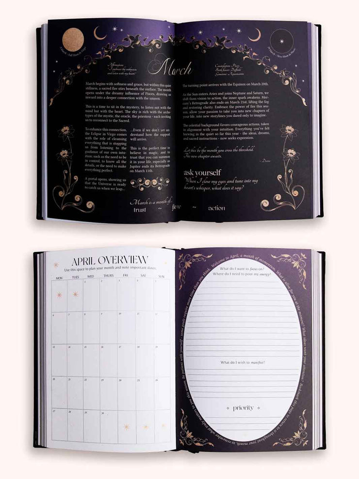 Open planner with celestial design on a white background