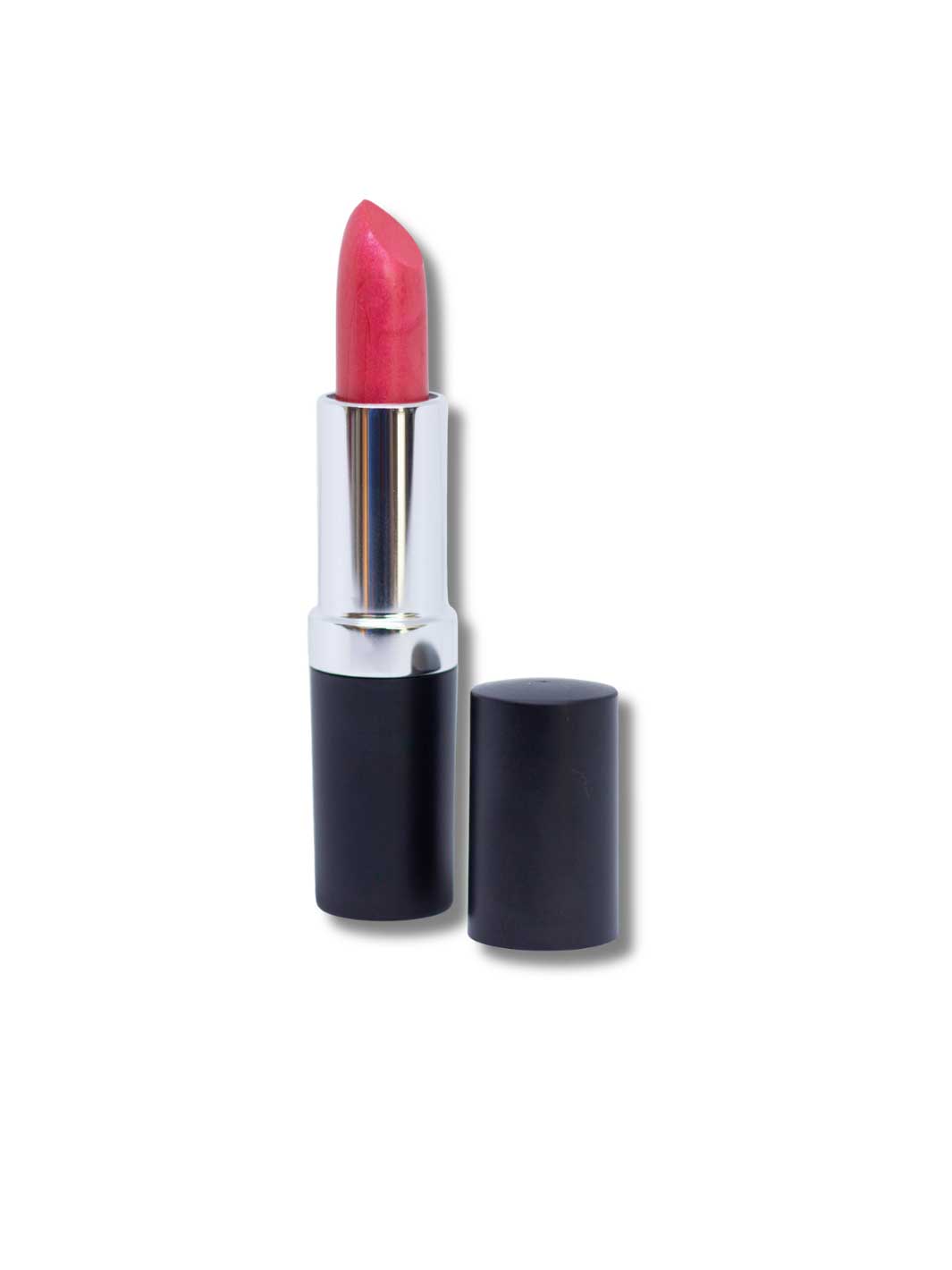 A pink lipstick with a silver metallic collar and a black base, shown with its cap off next to it on a white background.