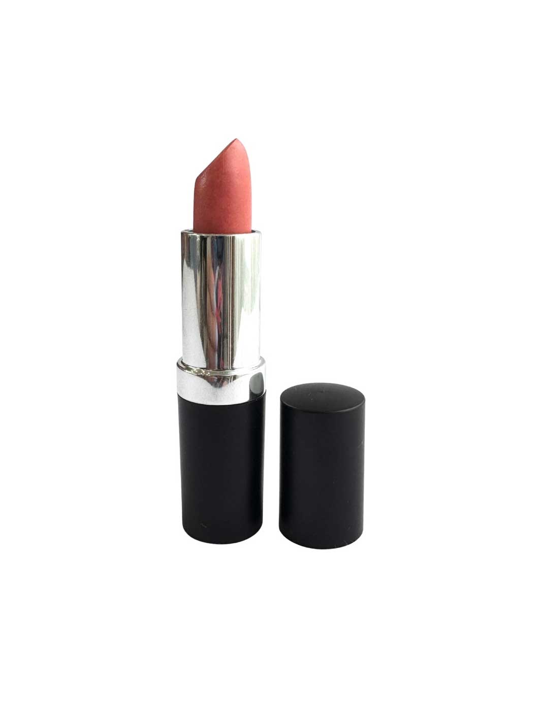A lipstick with a pinkish-peach bullet, a shiny silver metallic tube, and a black base, shown with its black cap placed beside it on a plain white background.