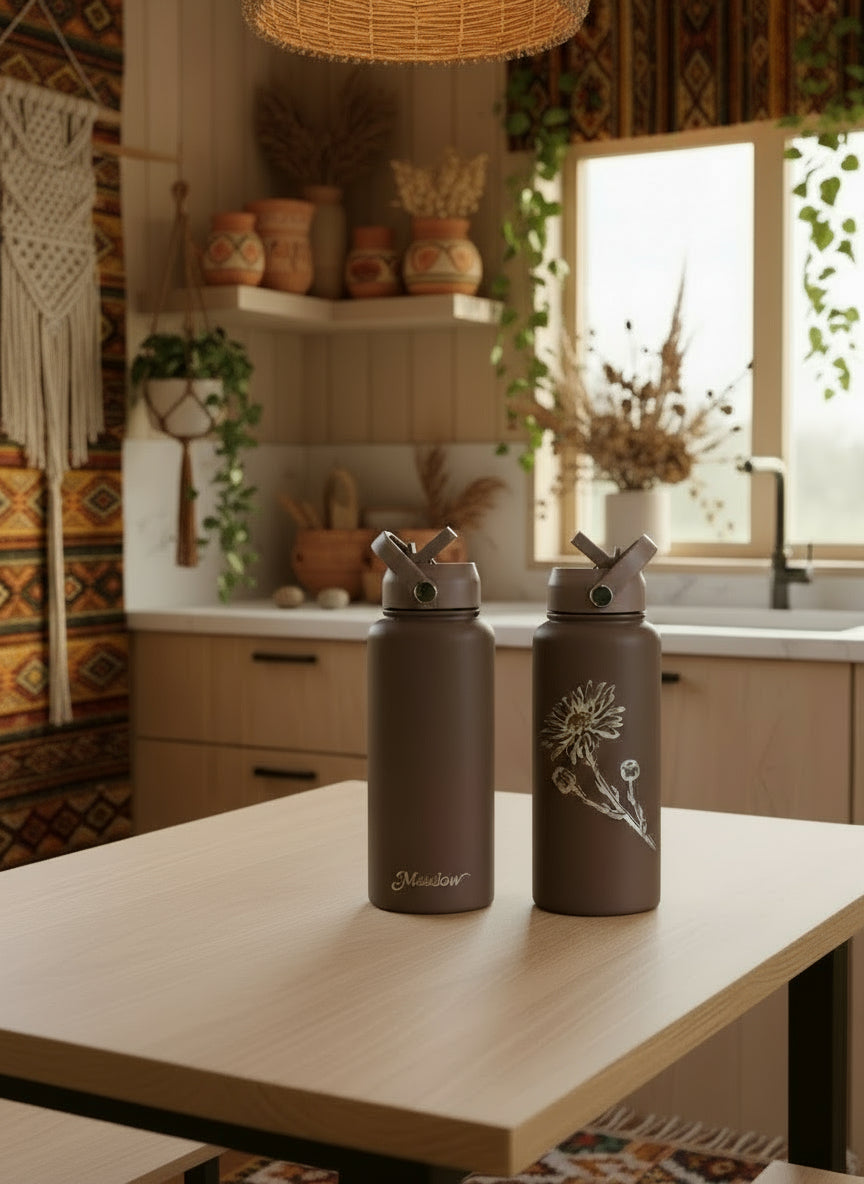 Two 32oz insulated chocolate brown water bottles with laser embossed alpine daisy floral design and 'Meadow' branding on a white background. Straw lids.