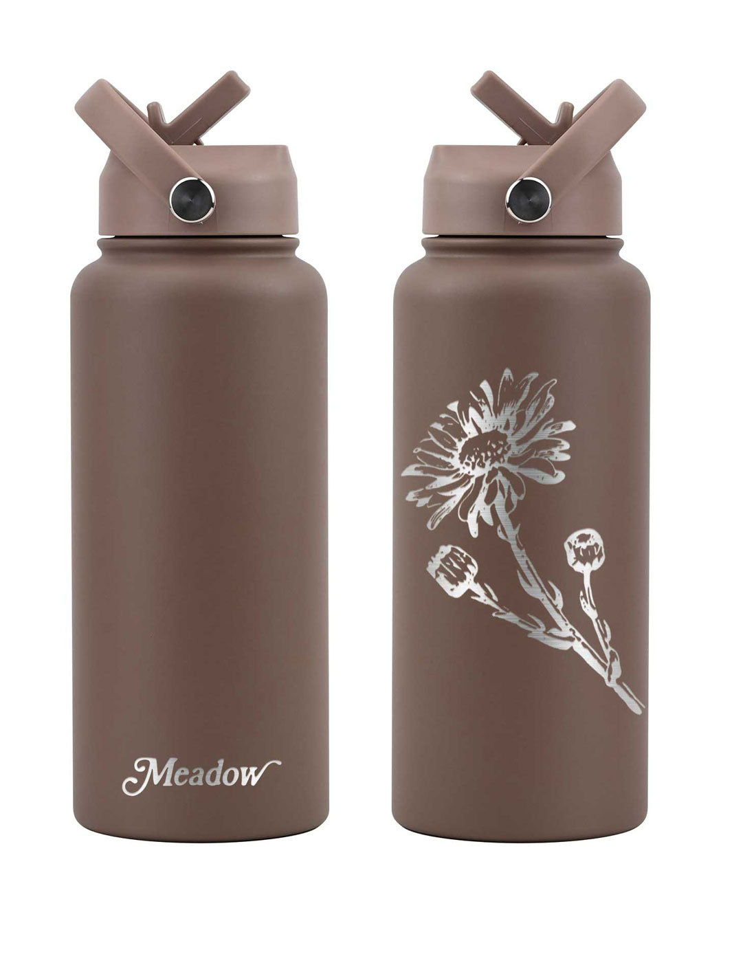 Meadow Store 32oz Drink Bottle Chocolate Brown Embossed Alpine Daisy Insulated Straw Lid