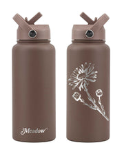 Meadow Store 32oz Drink Bottle Chocolate Brown Embossed Alpine Daisy Insulated Straw Lid